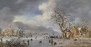 Aert van der Neer A winter landscape with skaters and kolf players on a frozen river oil